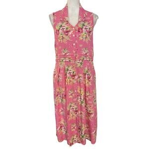 April Cornell Size S Pink Floral Midi Dress Button Front Cottage Cottagecore
